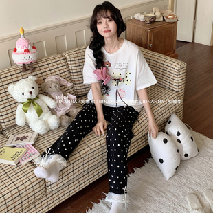 短袖 萌寵們純棉薄款 波點(diǎn)長(zhǎng)褲 睡衣女款 家居服夏款 夏季 套裝 2025新款