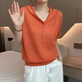 t恤寬松半袖 連帽短袖 冰絲針織上衣 夏季 清倉撿漏專柜撤回外貿(mào)女裝