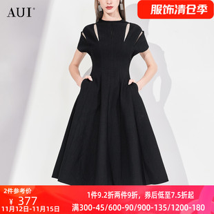 AUI黑色赫本風設計感連衣裙女2025夏新款 大擺中長裙 小眾氣質修身
