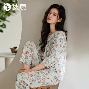 家居服套裝 秋鹿柔軟莫代爾棉睡衣女士春夏法式 碎花蕾絲花邊七分袖
