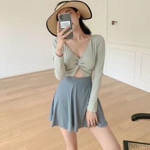 速發(fā)高貨長袖 泳衣女韓國ins網紅小胸性感露背遮肚顯瘦學 防曬裙式