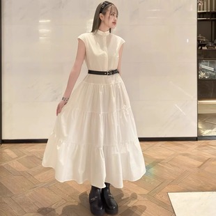 高級感白色氣質連衣裙女2025夏季 立領收腰顯瘦優雅大擺中長裙 新款