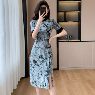 撿漏專柜撤回新中式 高級感氣質裙子 開叉刺繡旗袍連衣裙女2025夏季