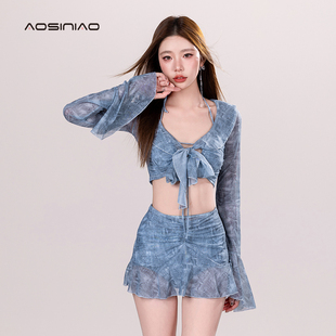 泳衣女保守分體海邊度假三件套高級感純欲2024新款 遮肚顯瘦泳裝