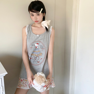 薄款 蕾絲花邊KT貓無袖 女夏季 純棉睡衣套裝 甜美可愛家居服 背心短褲