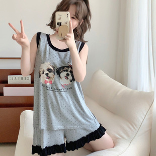 睡衣女夏套裝 蕾絲花邊卡通狗莫代爾背心短褲 圓點(diǎn)家居服 帶胸墊
