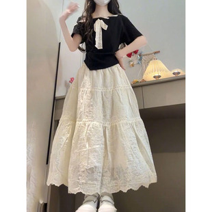 兩件套裝 杏色花邊半身裙夏季 上衣 韓系甜美少女風蝴蝶結黑色短袖