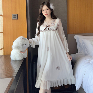 孕婦裙 長袖 高貴韓式 網紗睡裙女甜美公主風帶胸墊中長裙可外穿夏款
