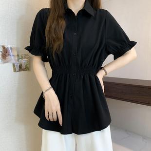 胖mm女裝 收腰遮肚雪紡短袖 夏裝 寬松顯瘦高級感襯衫 上衣潮 新款 大碼