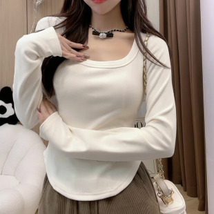 長袖 白色內搭打底衫 t恤女2025新款 冬季 氣質甜辣小上衣 春秋裝 短款