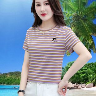 條紋寬松顯瘦百搭打底衫 官網正品 新款 t恤女純棉2025夏季 圓領短袖