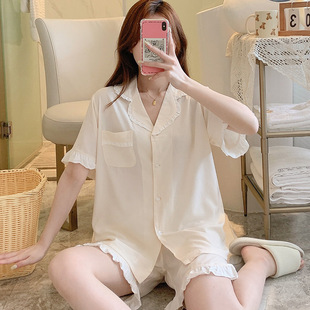 花邊綿綢套裝 2025年新款 棉綢睡衣女夏天清新純色家居服可外穿短袖