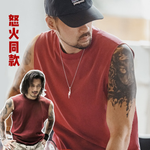 無袖 紅色背心痞帥潮流外穿純棉健身坎肩砍袖 T恤男夏 美式 馬登工裝