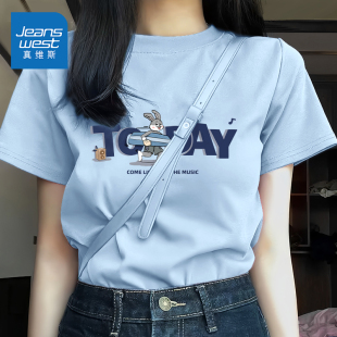 純棉藍色半袖 KMV真維斯正肩短袖 寬松大碼 爆款 上衣 女t恤夏2025新款